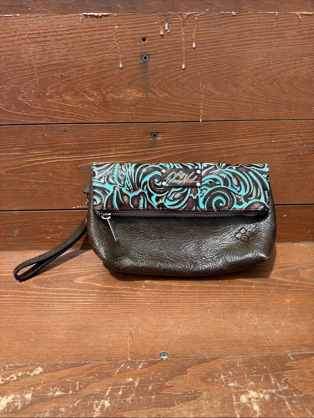 Patricia Nash Brown Clutch with Turquoise Tooled Flap
